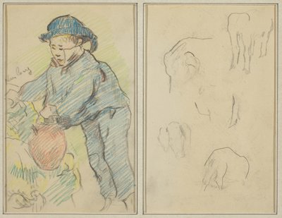 Um menino bretão com um jarro; Cinco formas animais [verso] de Paul Gauguin