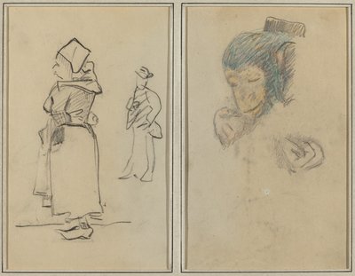 Uma mulher bretã e um homem de pé; Cabeça e mão de um macaco [reto] de Paul Gauguin