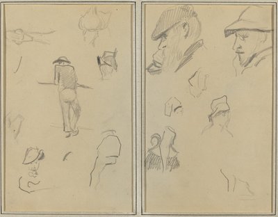 Um homem apoiado em uma parede com cinco outros estudos; Dois homens barbudos usando chapéus e cinco outros estudos [reto] de Paul Gauguin