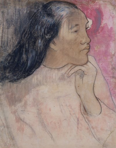 Uma mulher taitiana com uma flor no cabelo, 1891-92 (carvão, pastel e lavar) de Paul Gauguin