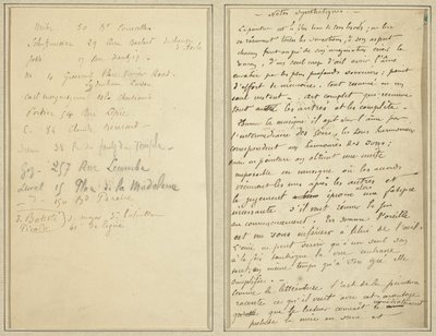 Lista de Endereços; Página do manuscrito [reto] de Paul Gauguin