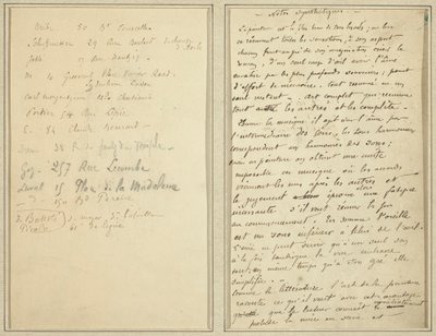 Lista de endereços; página do manuscrito [reto] de Paul Gauguin