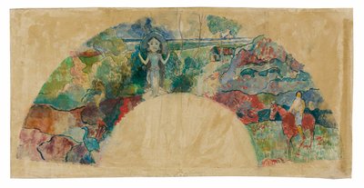 Design para um fã com uma paisagem e uma estátua da deusa Hina de Paul Gauguin