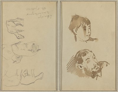 Cinco Ovelhas; Cabeça de mulher e cabeça de homem barbudo [reto] de Paul Gauguin