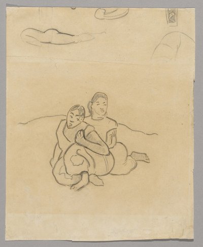 Fragmentos de corpos, um desenho decorativo e duas mulheres taitianas agachadas em uma paisagem relacionada a Nafea Faaipoipo de Paul Gauguin