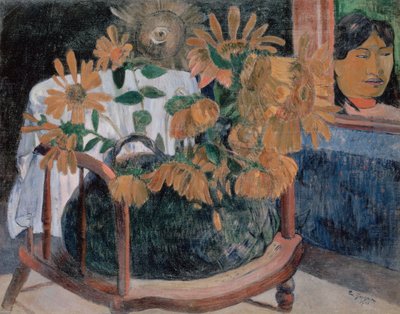 Francês: Nature morte avec des tournesols sur un fauteuil (II) Girassóis de Paul Gauguin