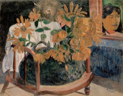 Francês: Nature morte avec des tournesols sur un fauteuil (II) Girassóis de Paul Gauguin
