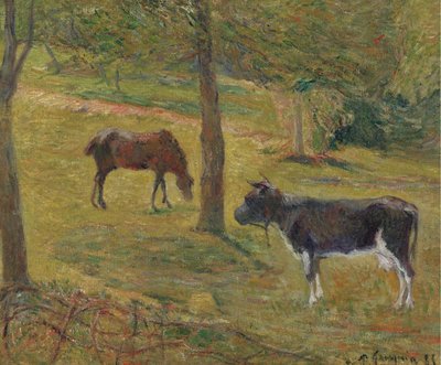 Francês: Vache et cheval dans un pré Vaca e cavalo num prado de Paul Gauguin