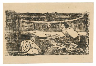 Interior de uma cabana taitiana, da suíte de gravuras tardias em blocos de madeira de Paul Gauguin