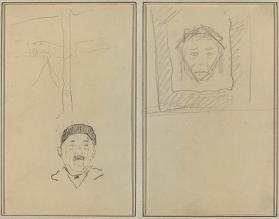 Paisagem e Cabeça do Homem; Cabeça de macaco dentro de um quadrado [reto] de Paul Gauguin