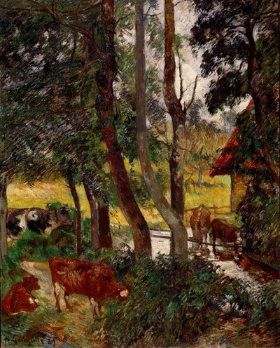 Paisagem na Bretanha - Vacas uma bacia de irrigação ou Canto de Lagoa. Pintura de Paul Gauguin (1848-1903) de Paul Gauguin