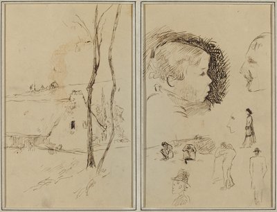 Paisagem com uma casa de campo; Perfil do menino, perfil do homem, duas mulheres em uma paisagem e cinco outros estudos [verso] de Paul Gauguin