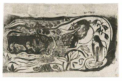 Placa com a cabeça de um diabo com chifres, da suíte de gravuras tardias em bloco de madeira de Paul Gauguin