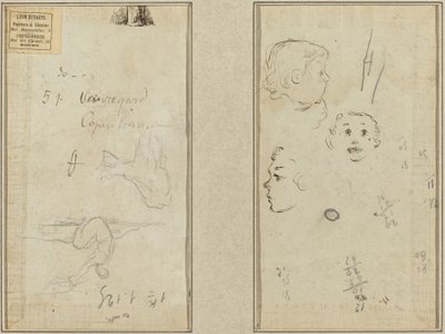 Figura sentada e uma vaca; Três estudos da cabeça de uma criança de Paul Gauguin