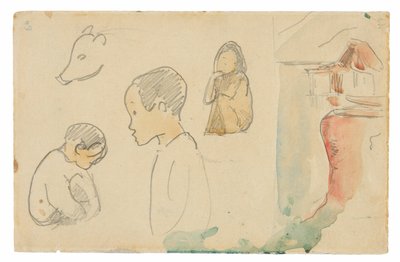 Esboços de figuras agachadas e em pé, um porco e uma cabana à beira da água de Paul Gauguin