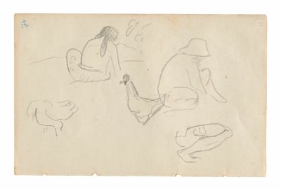 Esboços de Figuras Sentadas e Galinhas (reto), Torso Feminino Nu (relacionado à pintura Te a no areois [A Semente do Areoi]) (verso), do Carnet de Tahiti (caderno de desenho taitiano) de Paul Gauguin