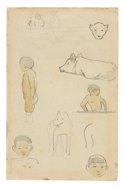 Esboços de figuras e animais em pé de Paul Gauguin
