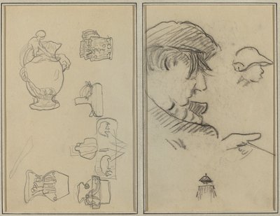 Estudos de jarros e vasos; Um homem de bigode e um menino de chapéu [reto] de Paul Gauguin