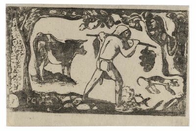 Tahitian carregando bananas, da suíte de gravuras tardias em bloco de madeira de Paul Gauguin
