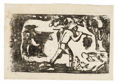 Tahitian carregando bananas, da suíte de gravuras tardias em bloco de madeira de Paul Gauguin