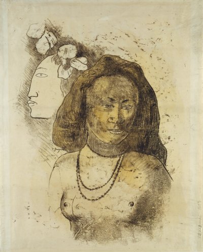 Mulher taitiana com espírito maligno, c.1899-1900 (monotipia com aguarela sobre papel) de Paul Gauguin