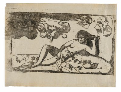 Te arii vahine-opoi (Mulher com mangas cansadas), da série de gravuras tardias em bloco de madeira de Paul Gauguin