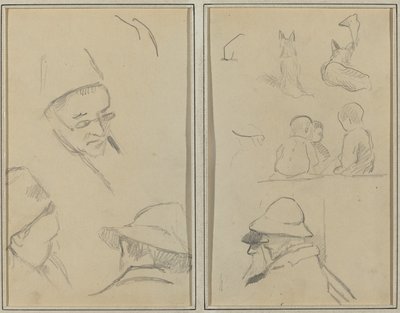 Três estudos de cabeças de homens, um com óculos; Cães, crianças e dois homens barbudos em perfil [verso] de Paul Gauguin