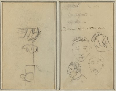 Duas Figuras e um Banco; Três estudos de cabeças masculinas e uma mão [reto] de Paul Gauguin