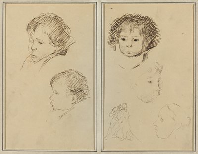 Dois estudos da cabeça de uma criança; Dois estudos sobre a cabeça de uma criança, uma mulher de perfil e um homem lutando contra um animal [reto] de Paul Gauguin