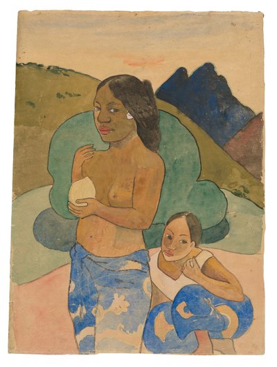 Duas mulheres taitianas em uma paisagem, c.1892 (aquarela e guache) de Paul Gauguin