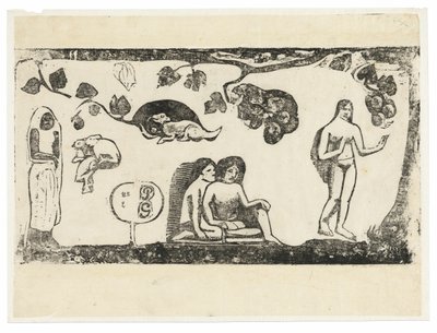 Mulheres, animais e folhagens, da suíte de gravuras tardias em bloco de madeira de Paul Gauguin