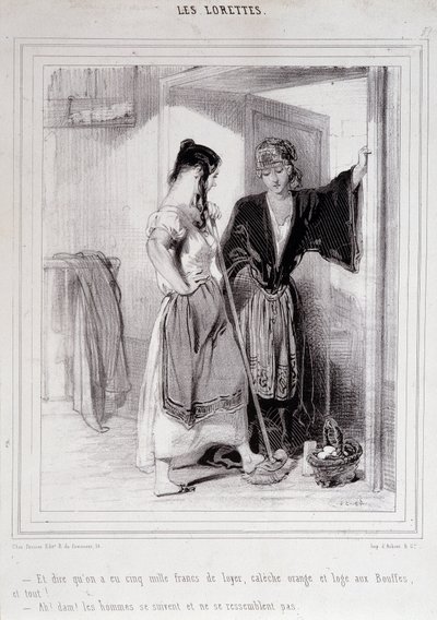 2 mulheres pobres em conversa nas escadas sobre homens, "Les Lorettes", Gavarni, c. 1840. de Paul Gavarni