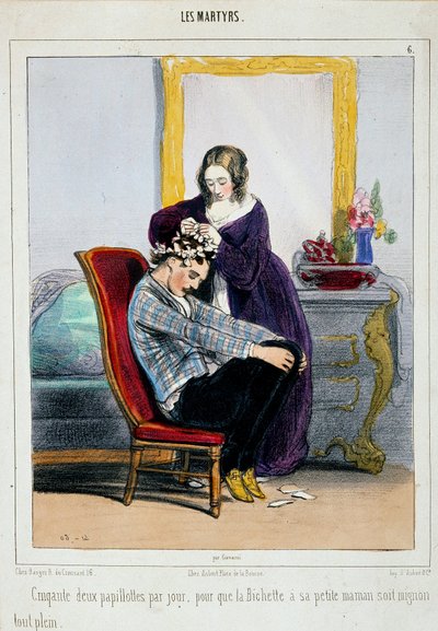 Uma mãe põe caracóis no seu filho. Cartoon de Paul Gavarni (1804-1866) Paris do século XIX, artes decorativas de Paul Gavarni
