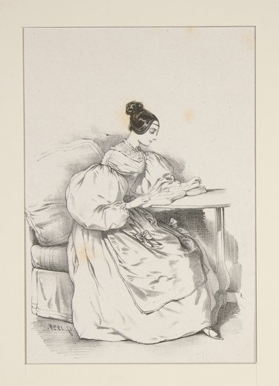 EM CASA. (Setembro de 1835) Vestido de cambraia escocesa,... de Paul Gavarni