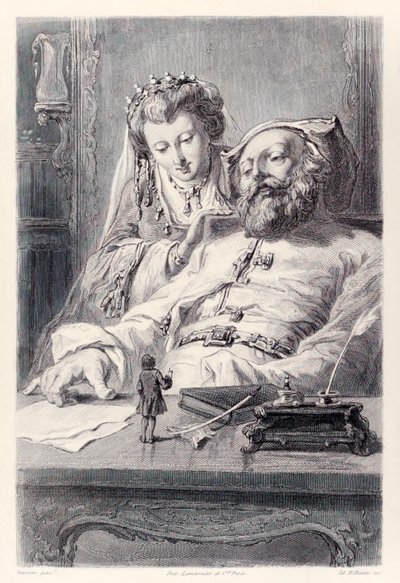 Frontispício da edição francesa de Gullivers Viagens por Jonathan SwiftEu respondi as perguntas dos Reis corretamente Gulliver e o Rei e a Rainha de Brobdingnag. de Paul Gavarni