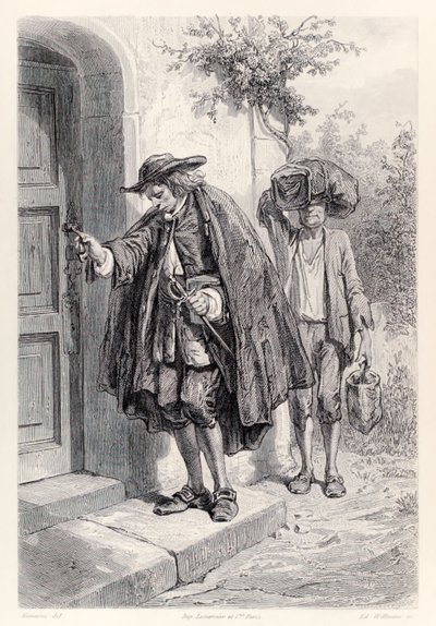 Gulliver chega em casa às três da tarde e entra na casa, da edição francesa de Gullivers Travels por Jonathan Swift de Paul Gavarni