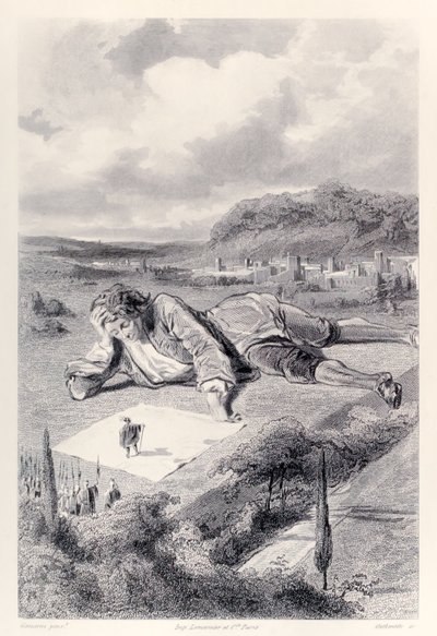 Gulliver tem uma audiência com o imperador de Lilliput, da edição francesa de Gullivers Travels por Jonathan Swift de Paul Gavarni