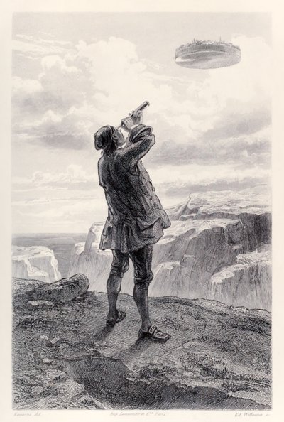Gulliver vê a ilha voadora Laputa pela primeira vez, e a examina através de seu telescópio, da edição francesa de Gullivers Travels por Jonathan Swift de Paul Gavarni