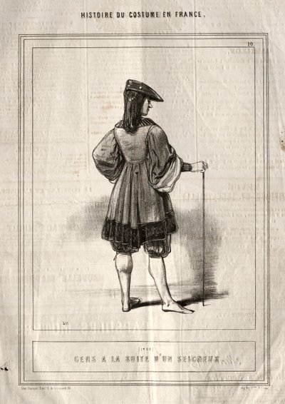 História do traje na França: pessoas seguindo um senhor, 1843. de Paul Gavarni
