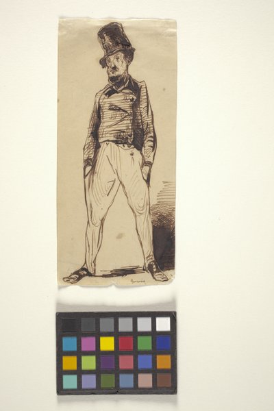 Homem com as mãos nos bolsos (caneta e tinta em papel não branco) de Paul Gavarni