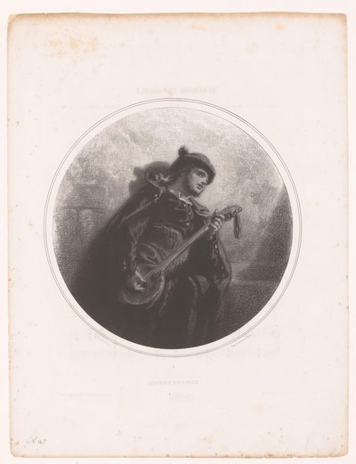 Homem com banjo canta e toca serenata Serenade Espagnole (título no objeto) Ilustrações para as músicas de Jeanne Gavarni (título da série) Ilustrações des Mélodies de Madame Jeanne Gavarni (título da série) de Paul Gavarni