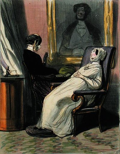 Mulher grávida com sua mãe (cor litho) de Paul Gavarni