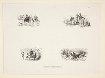 Quatro assuntos: Uma cavalgada; Quatro crianças; Uma mulher camponesa carregando uma criança pequena; Viajantes de Paul Gavarni