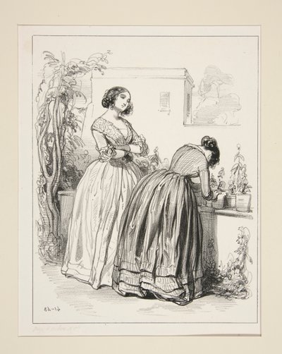 Vestido organdy, lenço liso, punhos e falbalas, de Paul Gavarni