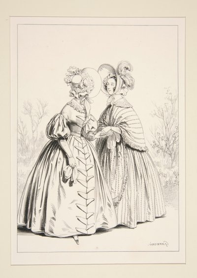 Vestido de popeline com manto semelhante debruado com franjas. de Paul Gavarni