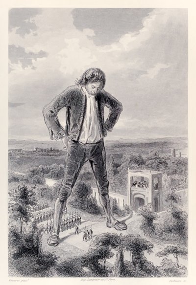 O exército liliputiano marcha entre as pernas de Gulliver, da edição francesa de Gullivers Travels por Jonathan Swift de Paul Gavarni