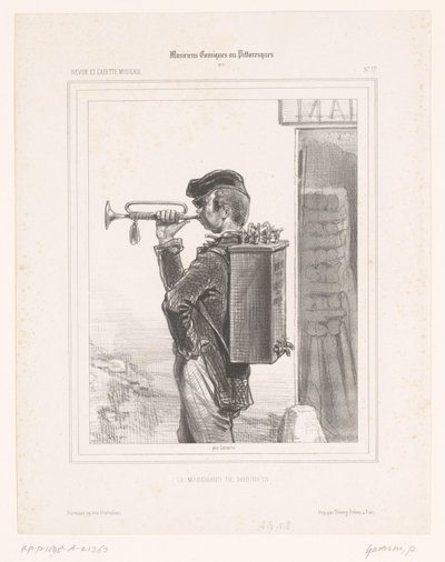 Vendedor de torneiras toca trompete Le marchand de robinets (título no objeto) Músicos de comédia (título da série) Músicos Comiques ou Pittoresques (título da série no objeto) de Paul Gavarni