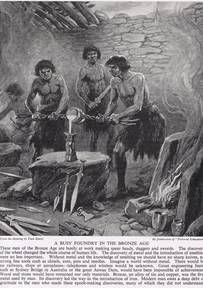 Uma Busy Foundry na Idade do Bronze, ilustração de "A História do Povo Britânico", c.1950 de Paul Hardy