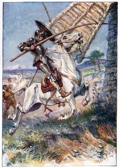 E executando sua lança na vela, ilustração de "As Aventuras de Dom Quixote", publicado por G. Bell und Sons, Ltd., 1911 de Paul Hardy