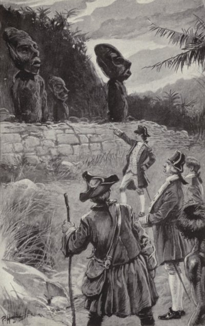 Examinando as estátuas da Ilha de Páscoa (litho) de Paul Hardy